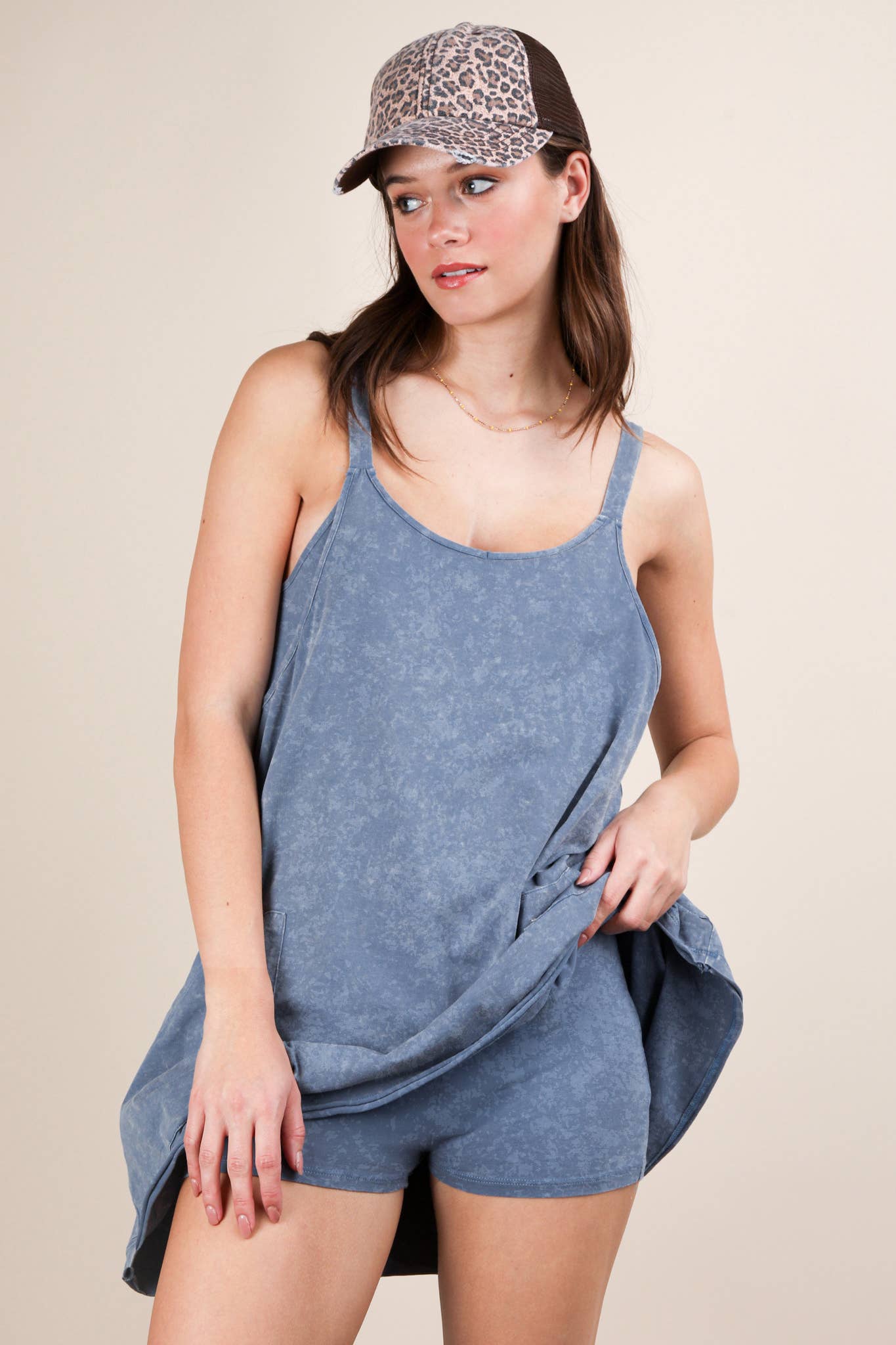 ND31251-Mineral Washed Knit Mini Dress with Shorts Inside : GREEN / S-M-L