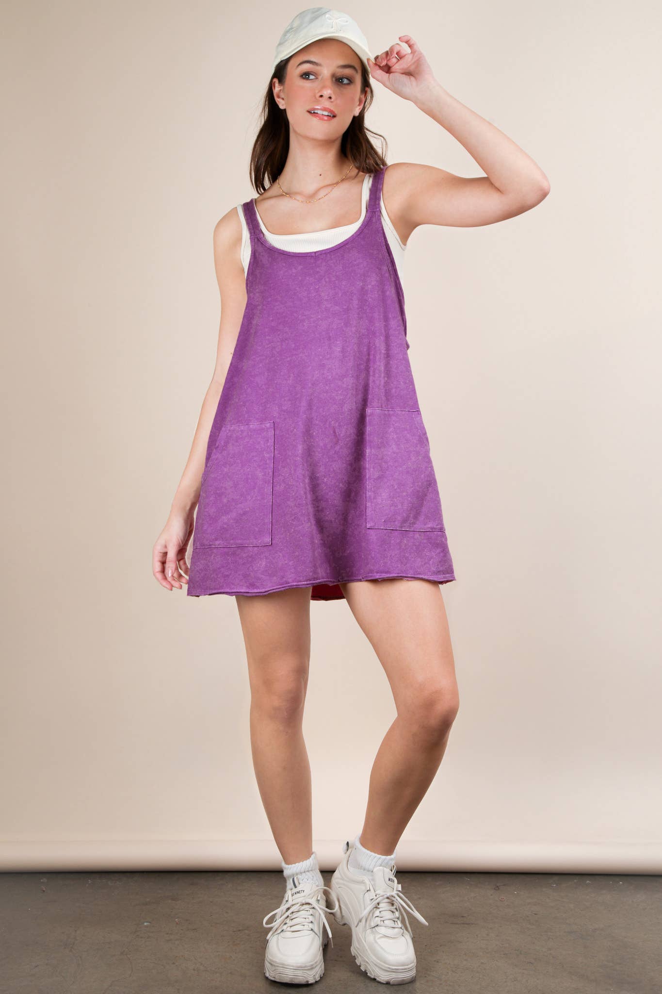 ND31251-Mineral Washed Knit Mini Dress with Shorts Inside : GREEN / S-M-L