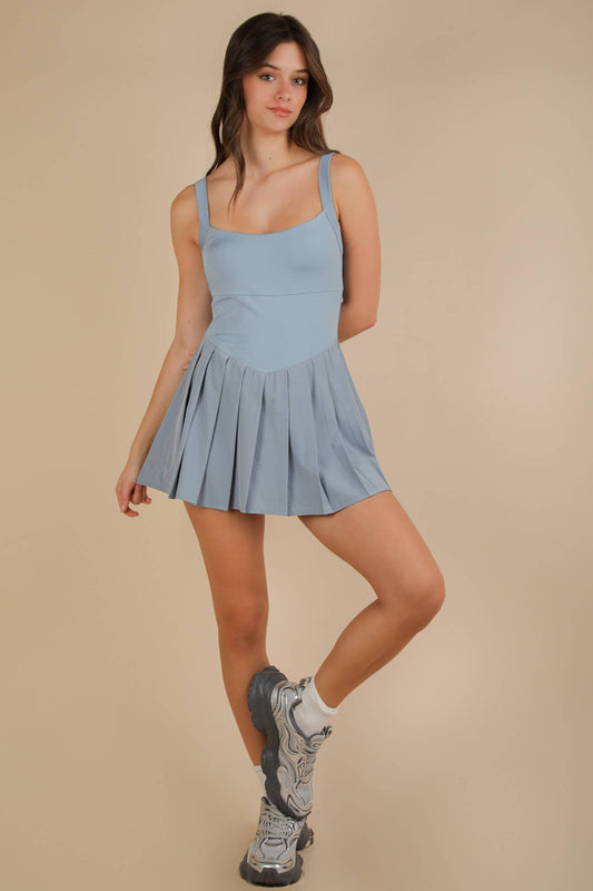 ND31725-Pleated Skirt Activewear Dress W/ Under Shorts: SKY