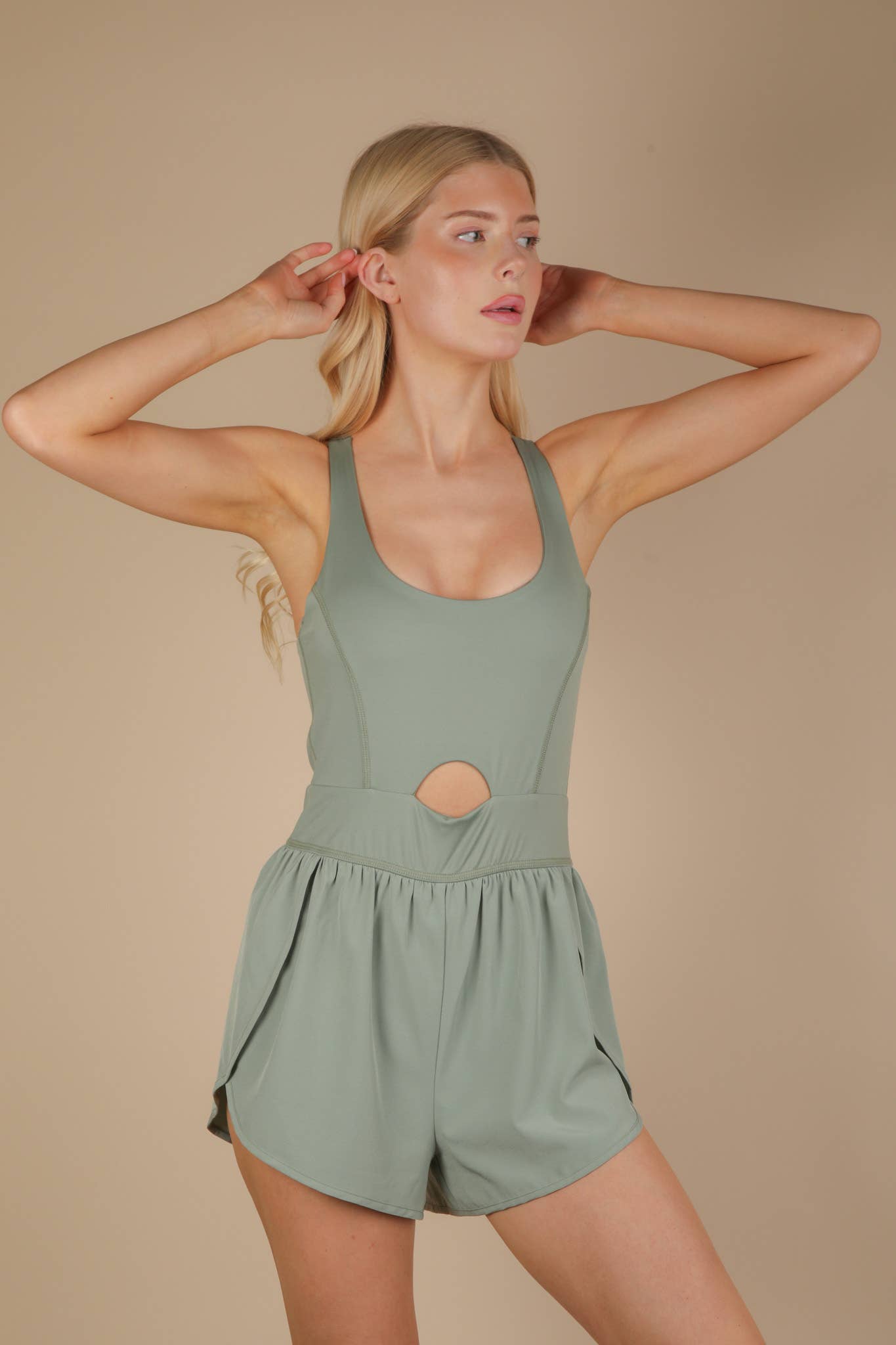 NP70880-Front Cutout Romper Activewear W/ Pantie Lining: SAGE