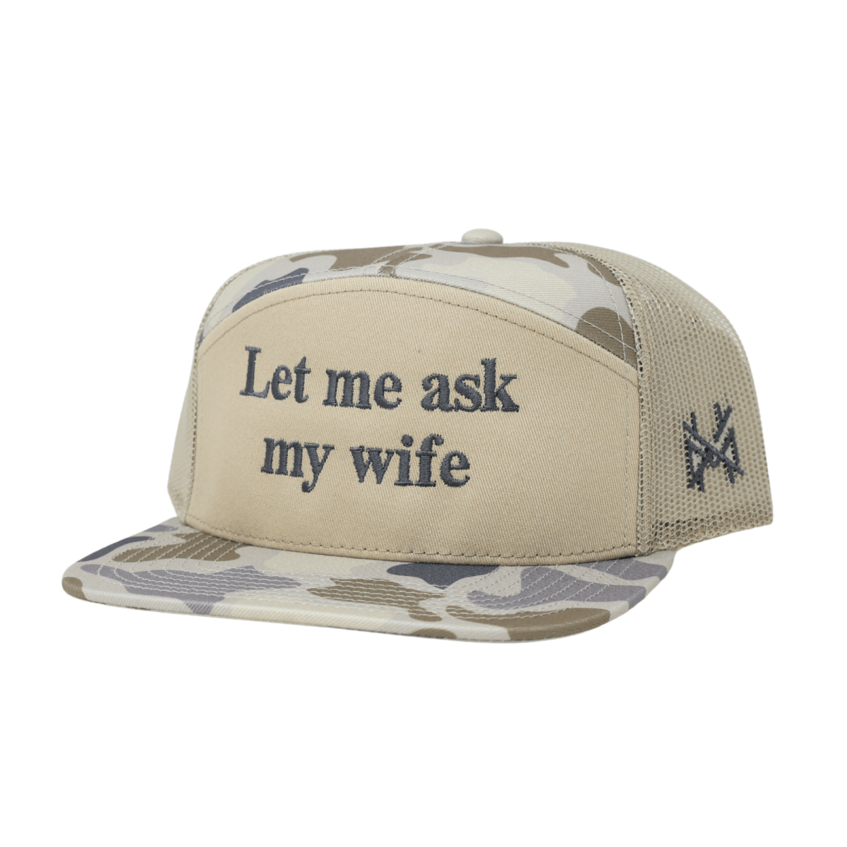Let Me Ask My Wife Trucker Hat: 7 Panel Lowland/Khaki/Lowland
