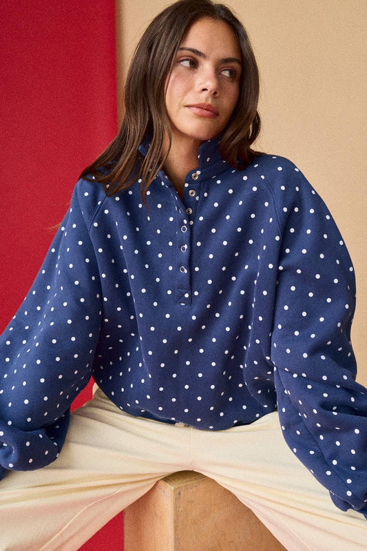 PT16060-12 - Polka Dot Button Up Pullover: BROWN