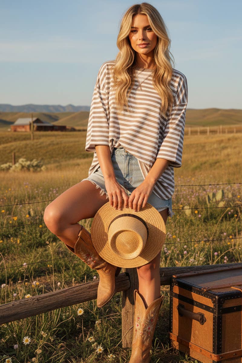 STRIPED OVERSIZED SHORT SLEEVE TOP : CREAM/TAUPE