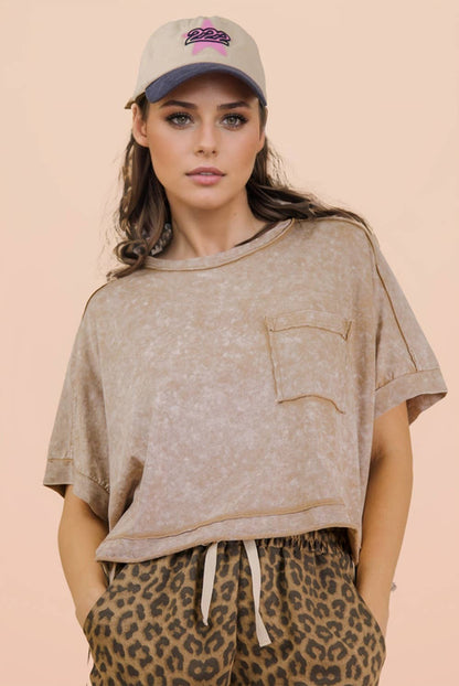 NT11429-Mineral Washed Oversized Crop Comfy Knit Top: BLUE