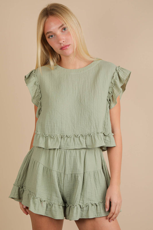 NT12150SET-Ruffled Solid Woven Top & Shorts Set: SAGE