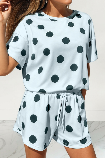 LAS Polka Dot Print Loose Tee Drawstring Short Set (S-XL): Beige / Missy
