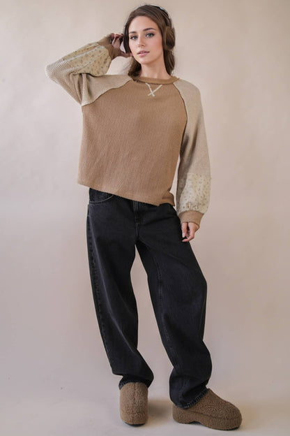 NT12328-Raglan Sleeve Color Block Casual Textured Knit Top: BABY BLUE