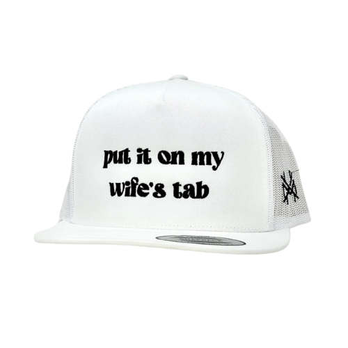 MHC Put It On My Wife's Tab Trucker Hat: White Yupoong