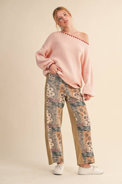 BOAT NECK TRIANGLE STITCH PUFF SLEEVE SWEATER MSW11245: CHOCOLATE CREAM