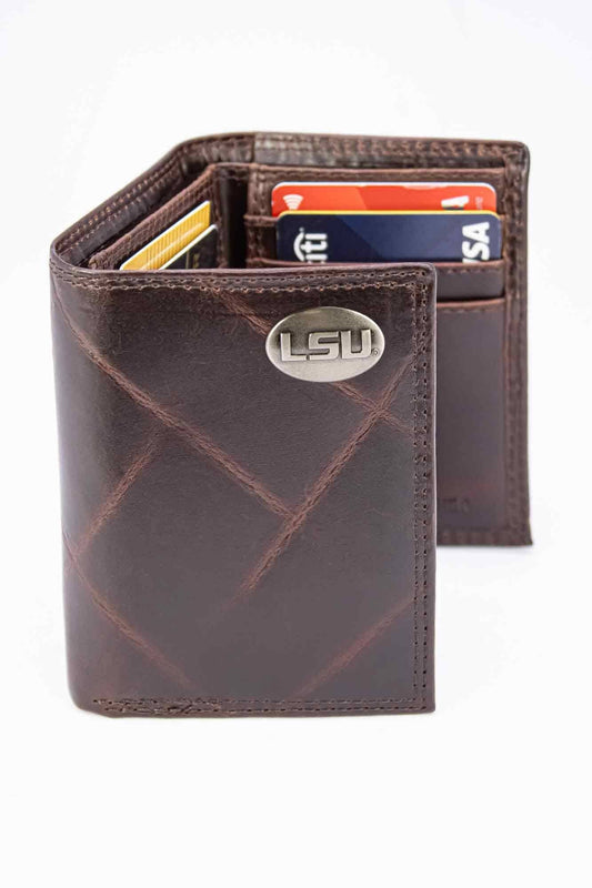 LSU Tigers Men's Collegiate Trifold Leather Wallet.: Crazyhorse Brown