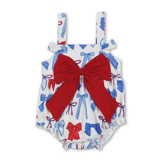 Straps red blue bow baby girls 4th of july romper: Romper