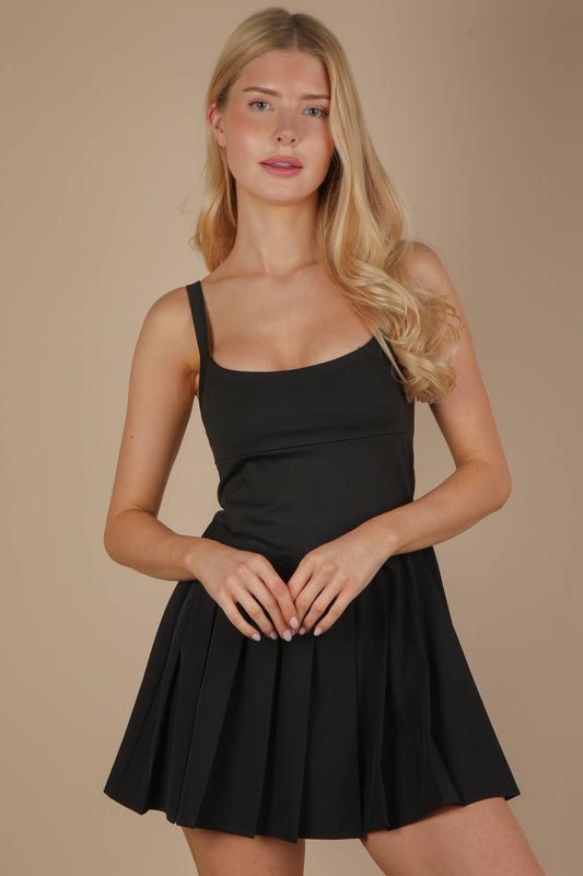 ND31725-Pleated Skirt Activewear Dress W/ Under Shorts: BLACK