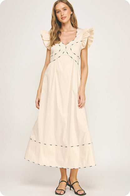 Contrast Multi Color Piping Midi Dress: Chambray