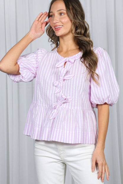 1/3 Open Tie Front Striped Puff Sleeve Blouse Top VT82682: Blue
