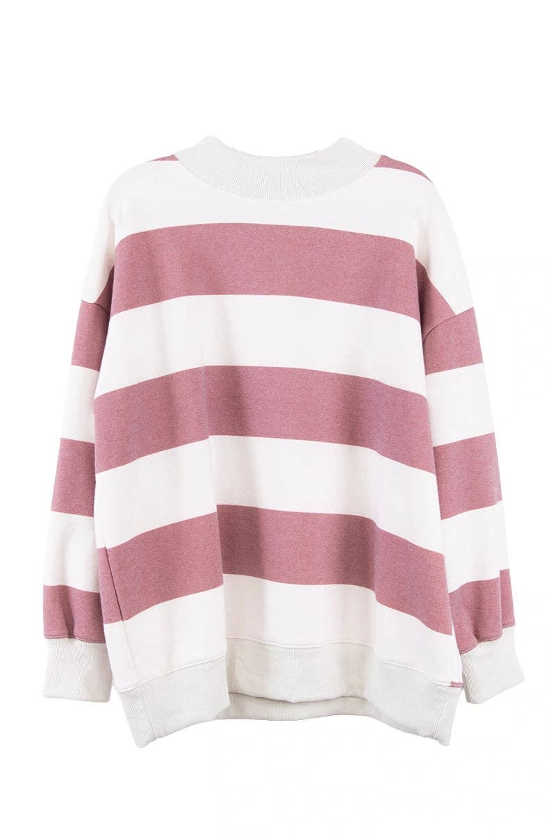 Wine and White Striped Mockneck Pullover: Wine & White