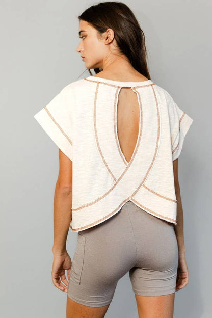 Overlap Open Back Reverse Stitched Crop Top: NATURAL
