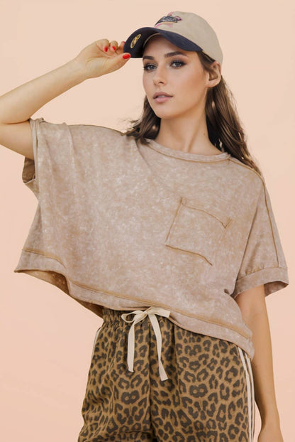 NT11429-Mineral Washed Oversized Crop Comfy Knit Top: BLUE