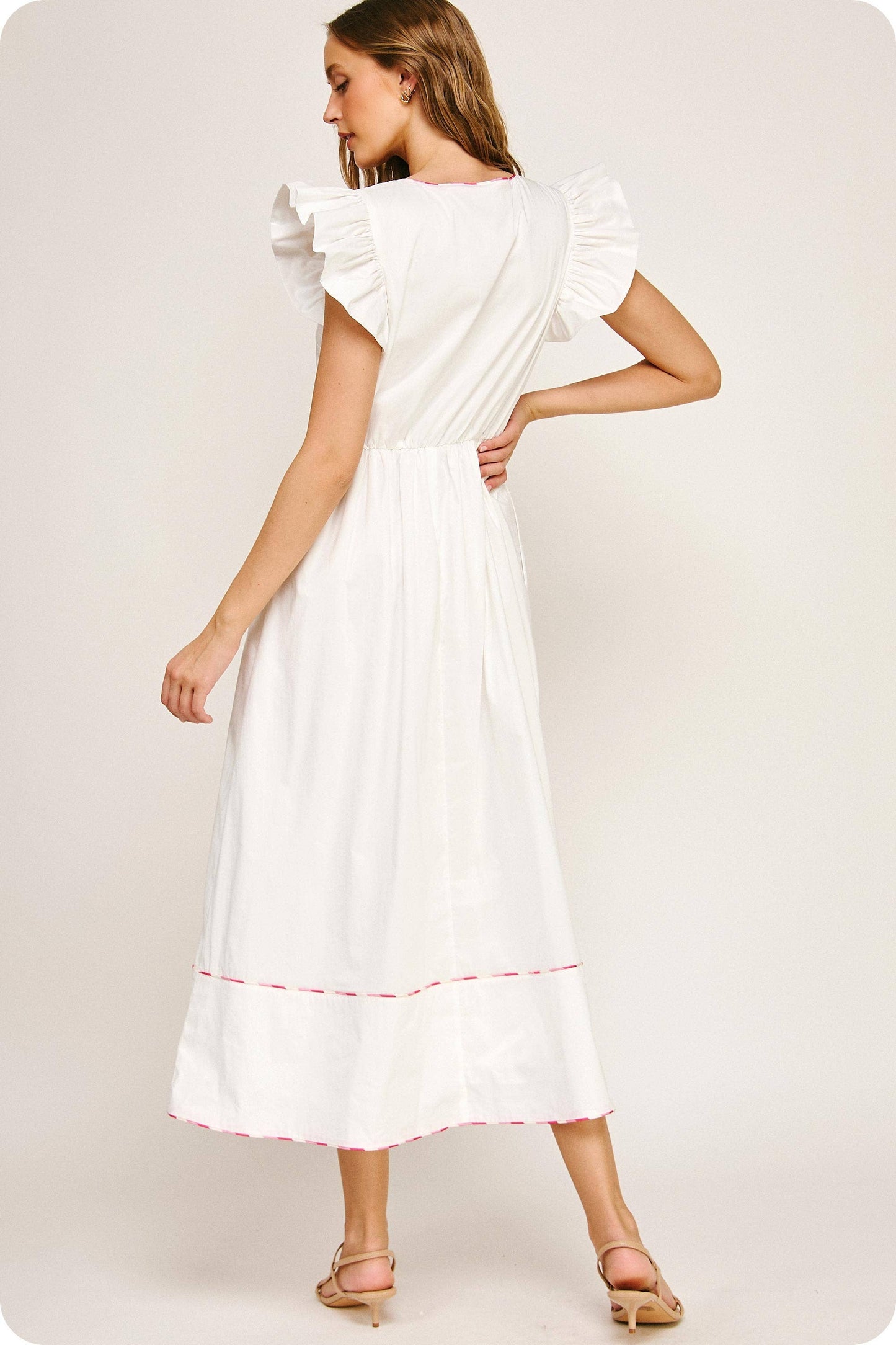 Contrast Multi Color Piping Midi Dress: Chambray