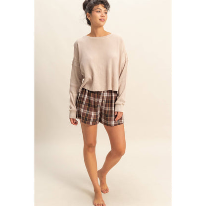 Open Back Textured Knit Long Sleeve Top: CHESTNUT