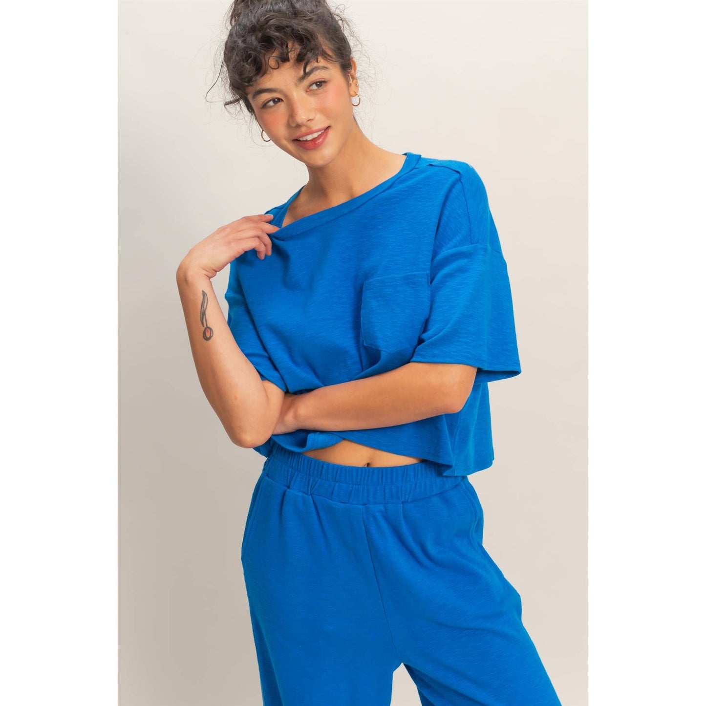 Boxy Crew Neck Top With Pocket: COBALT