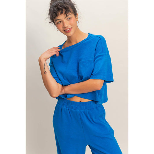 Boxy Crew Neck Top With Pocket: COBALT