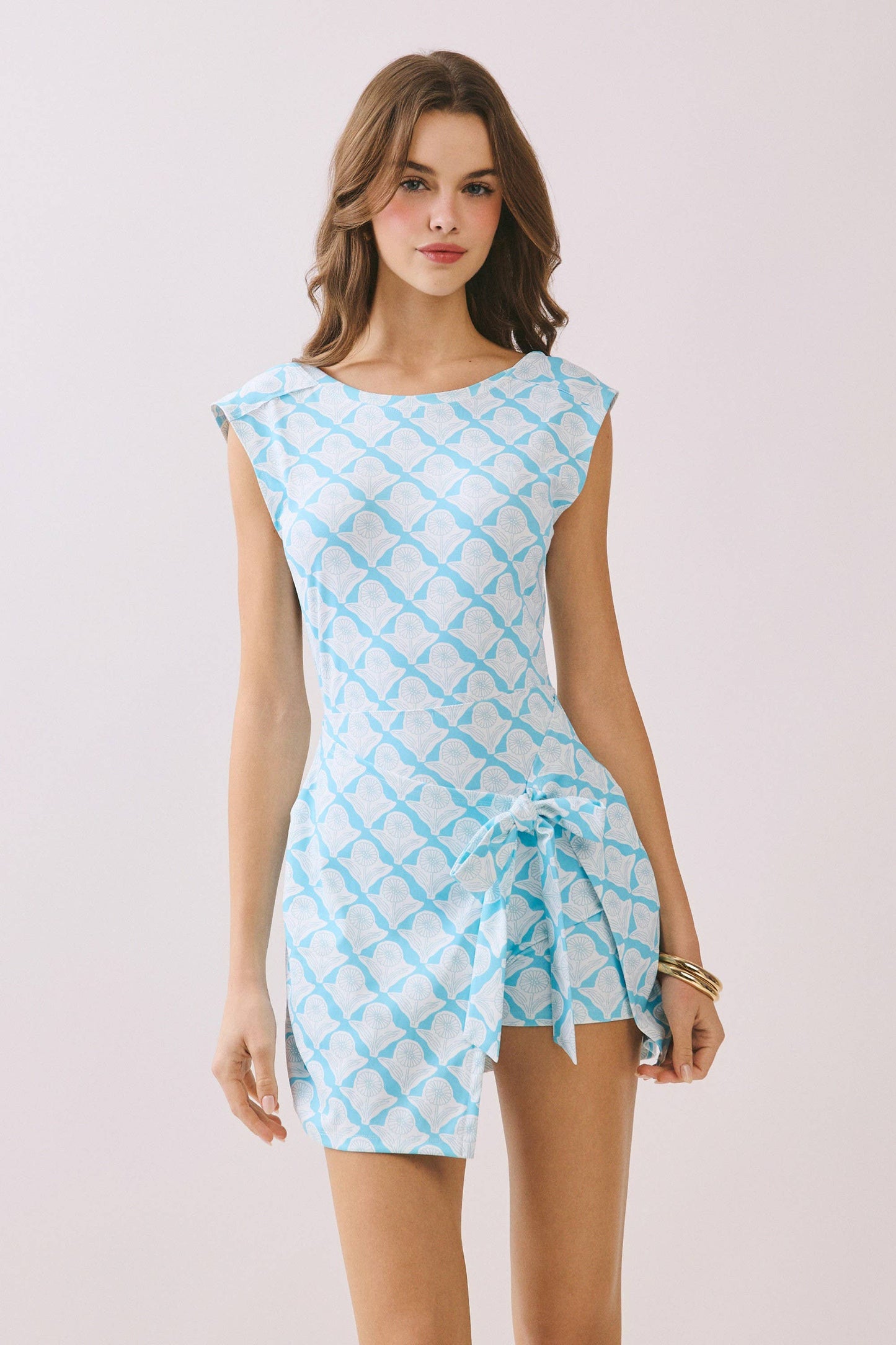 Print Warp Front Side Tie Detail Mini Dress: Blue