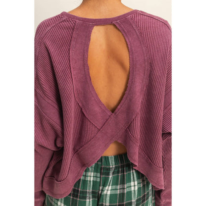 Open Back Textured Knit Long Sleeve Top: EMERALD