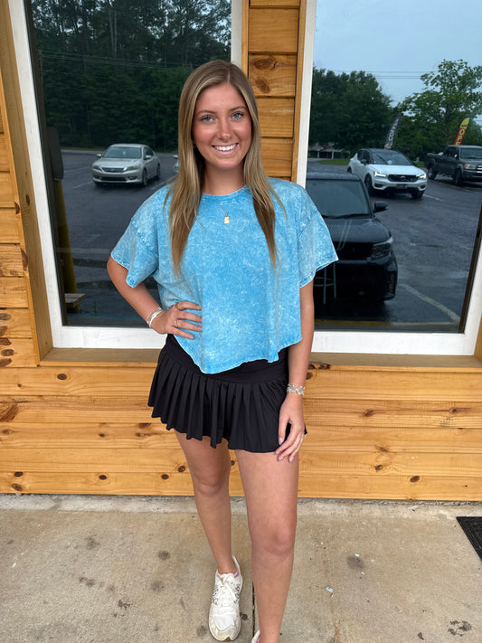 Crinkle Washed Cotton Round Neck Short Sleeve Top - Deep sky - CTW-3353A5