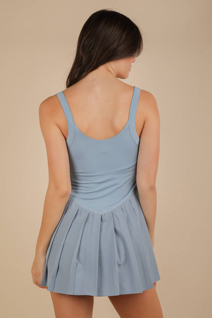 ND31725-Pleated Skirt Activewear Dress W/ Under Shorts: SKY