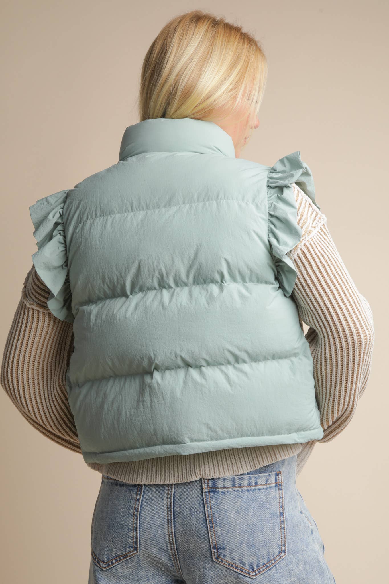 NJ90385-Front Bow Ruffle Sleeve Puffer Vest: SAGE