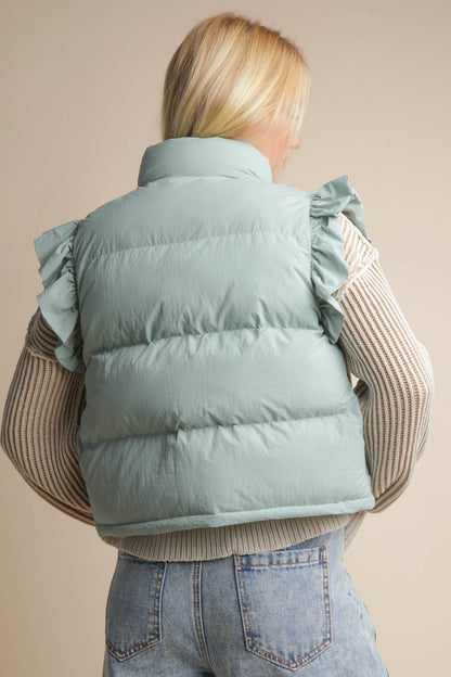NJ90385-Front Bow Ruffle Sleeve Puffer Vest: SAGE