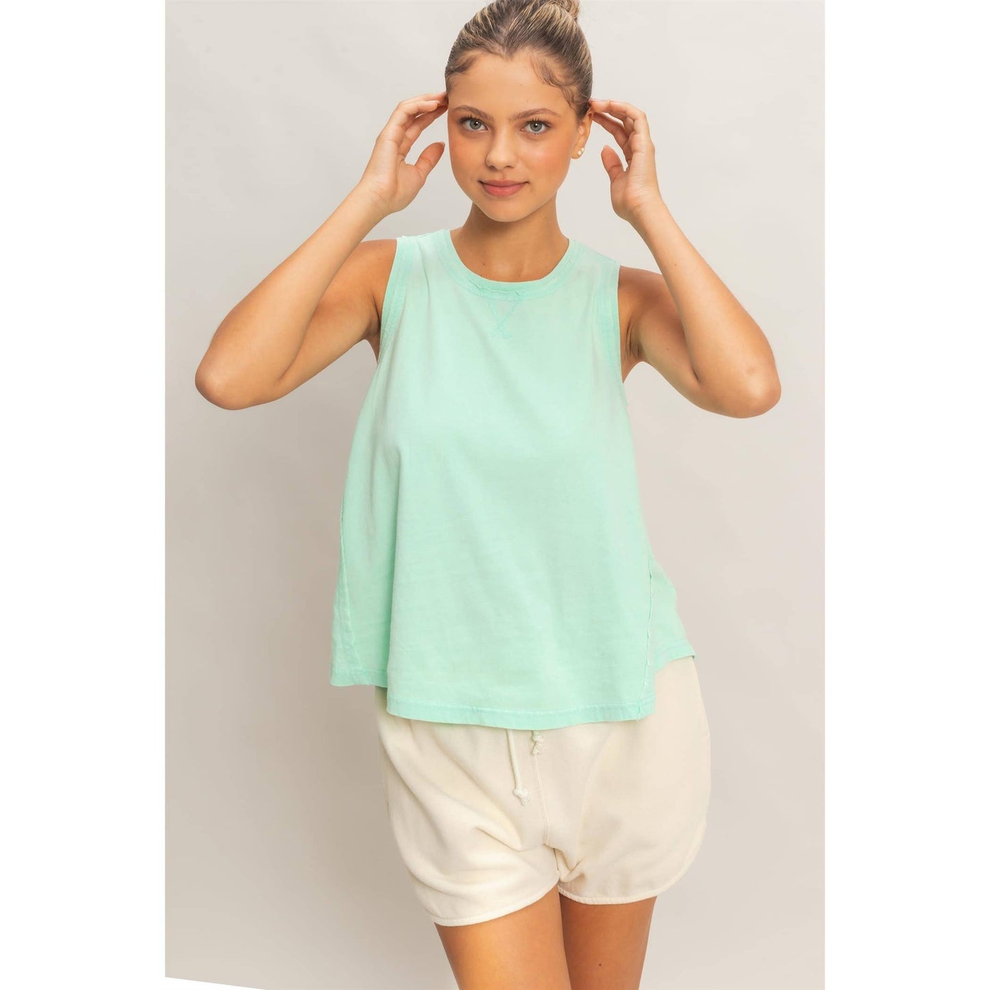 Raw Edge Details Sleeveless Washed Top: MINT