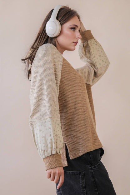 NT12328-Raglan Sleeve Color Block Casual Textured Knit Top: BABY BLUE