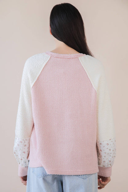 NT12328-Raglan Sleeve Color Block Casual Textured Knit Top: BABY BLUE