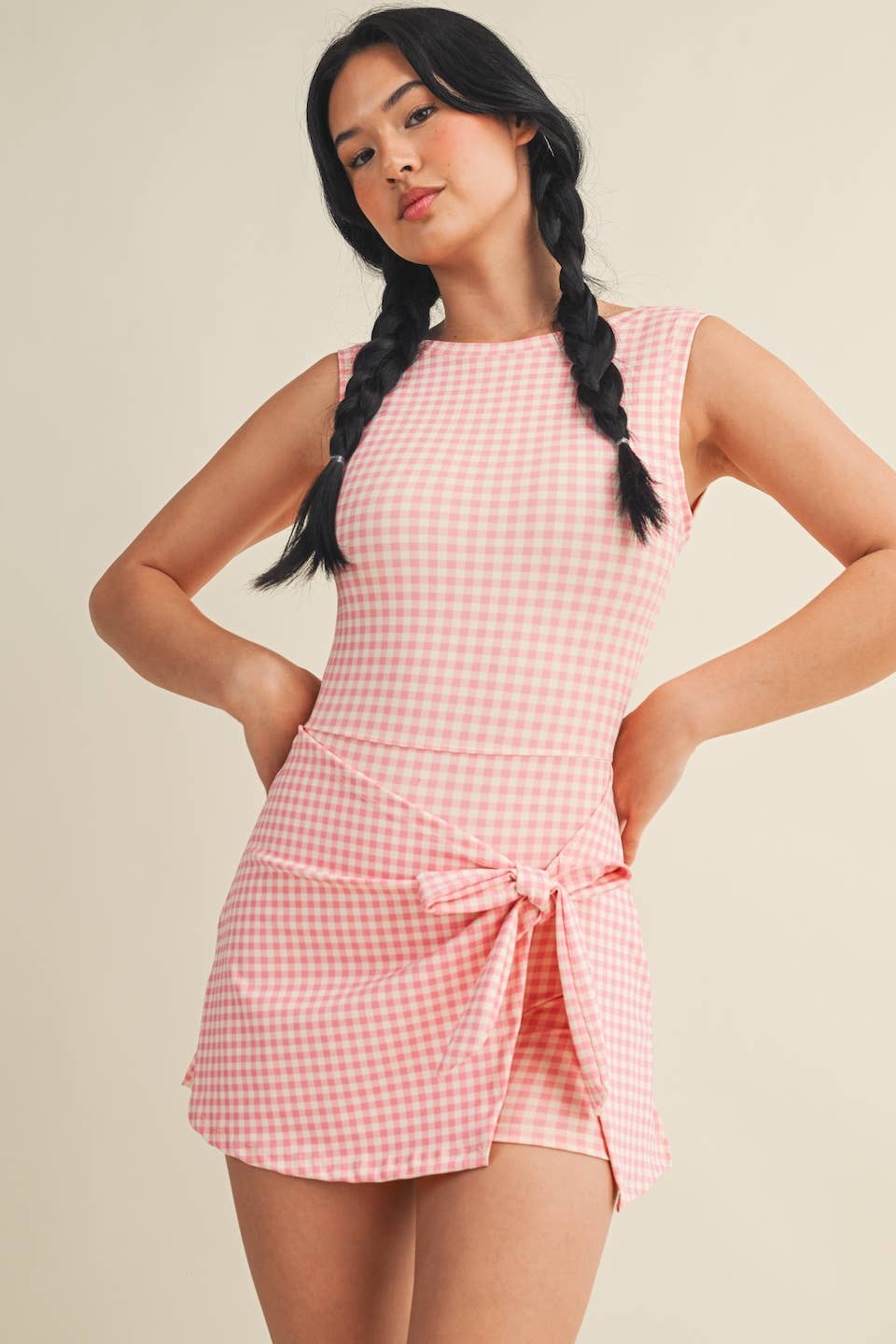 Gingham Print Sleeveless Wrap Tie Front Dress : Pink Gingham