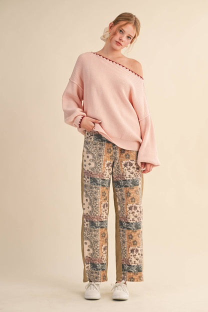 BOAT NECK TRIANGLE STITCH PUFF SLEEVE SWEATER MSW11245: CHOCOLATE CREAM