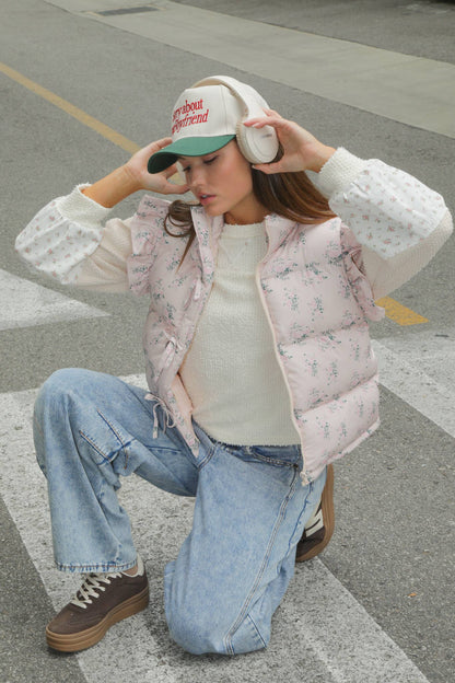 NJ90385-Front Bow Ruffle Sleeve Puffer Vest: SAGE