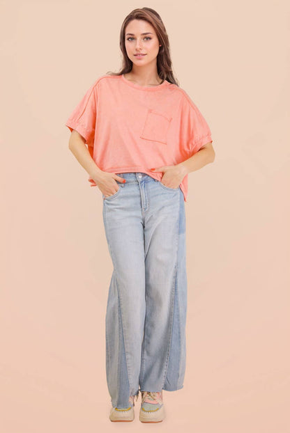NT11429-Mineral Washed Oversized Crop Comfy Knit Top: BLUE