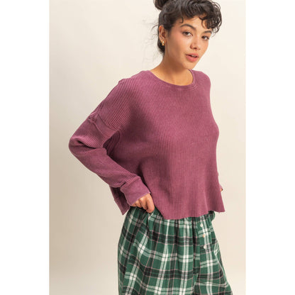 Open Back Textured Knit Long Sleeve Top: CHESTNUT