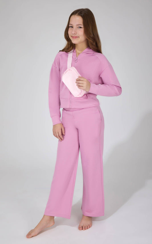 Girls Full Zip Hoodie Jacket, Pant, Fanny Bag Set: HTR.SHADOW ROCK/BLOSSOM