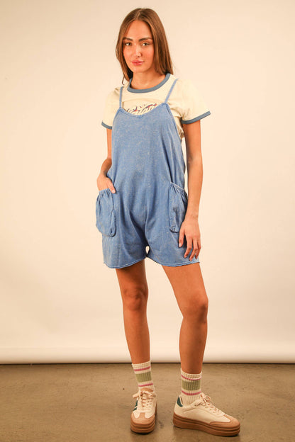 NP70359-Mineral Washed Sleeveless Casual Knit Romper: SUNSET