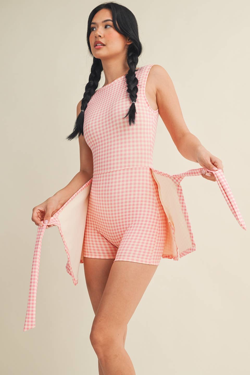 Gingham Print Sleeveless Wrap Tie Front Dress : Pink Gingham