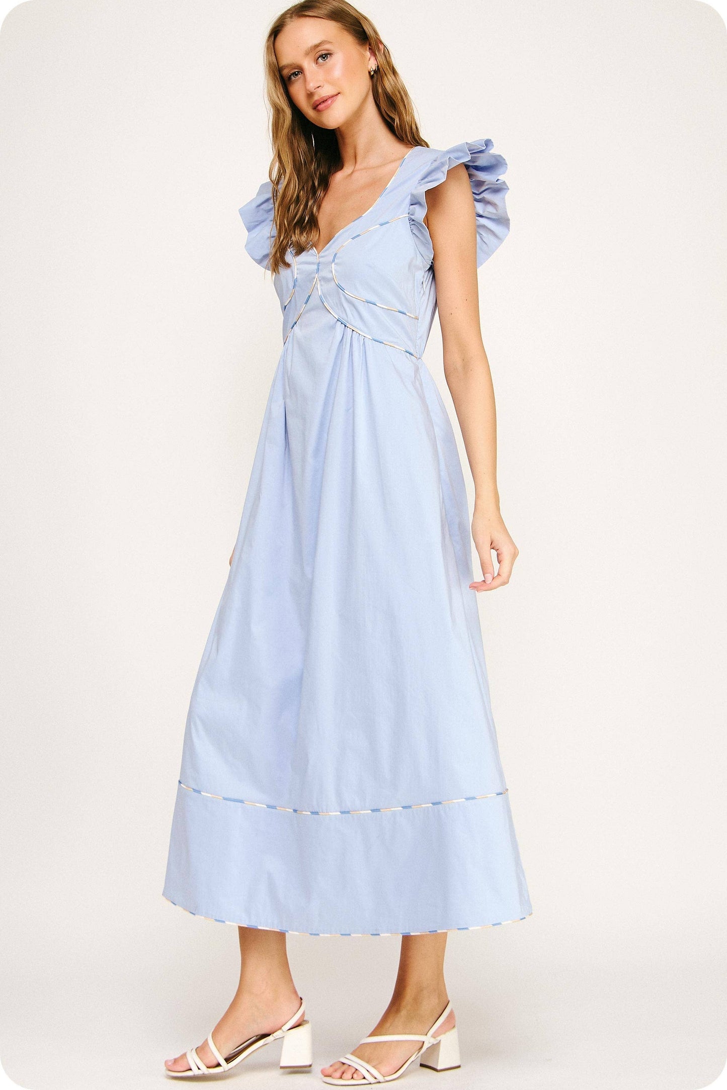 Contrast Multi Color Piping Midi Dress: Chambray