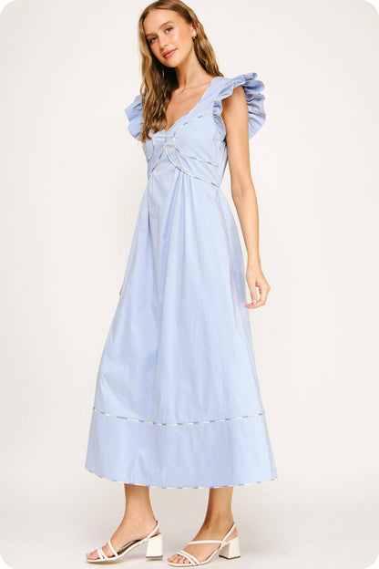 Contrast Multi Color Piping Midi Dress: Chambray