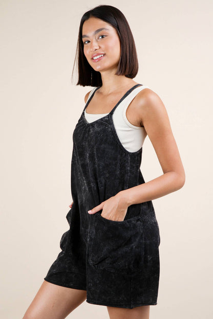NP70359-Mineral Washed Sleeveless Casual Knit Romper: BLACK