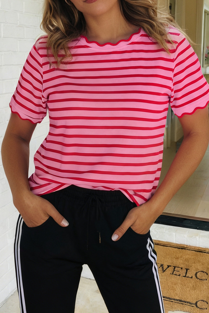 LAS Stripe Scalloped Trim Round Neck T Shirt : Red / Missy