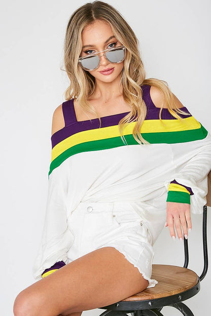 Mardigras. Cold shoulder color blocked knit top VT31284B: Multi