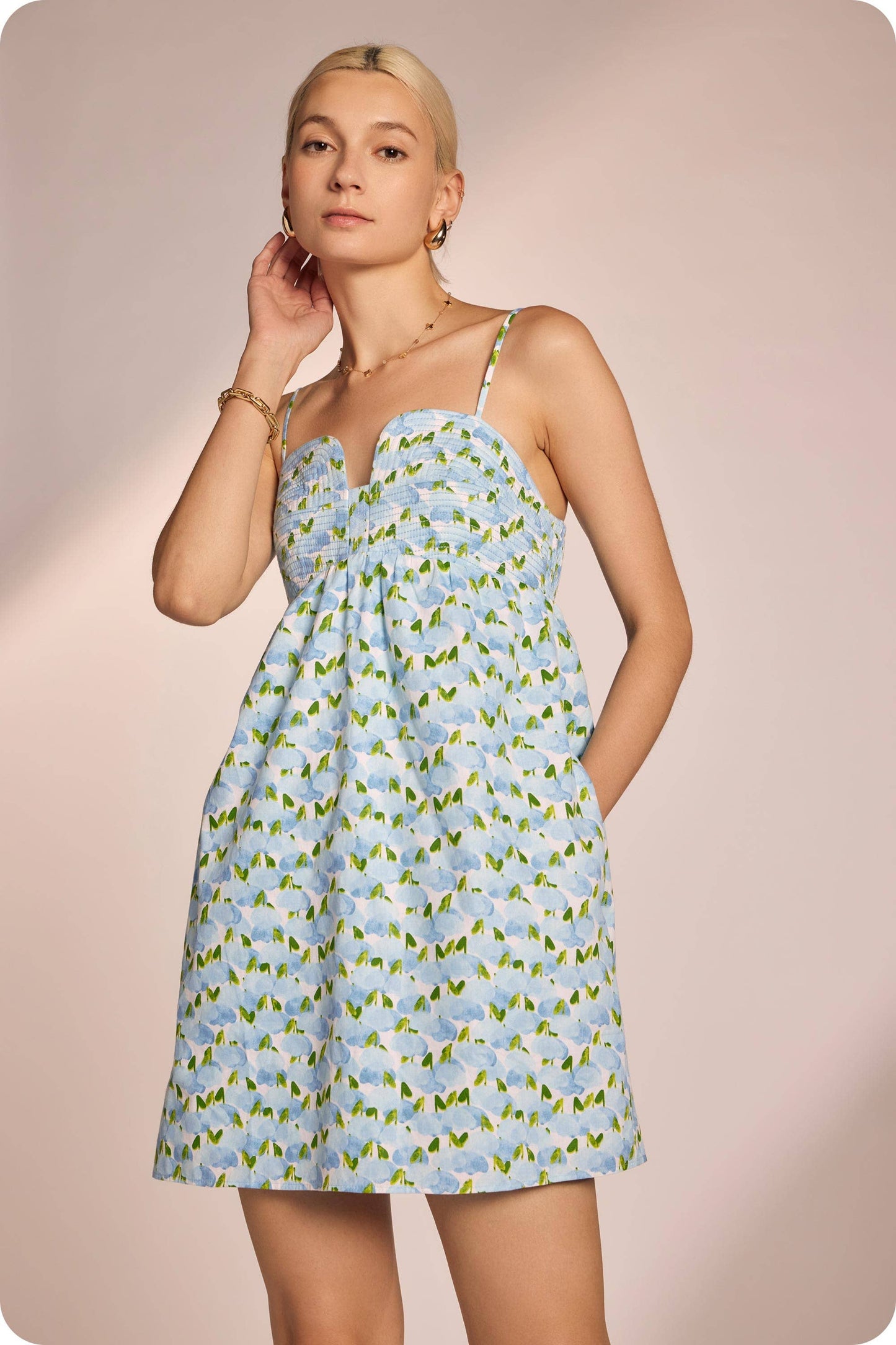 Top Stitch Bustier Floral Print Mini Dress: Peach Multi