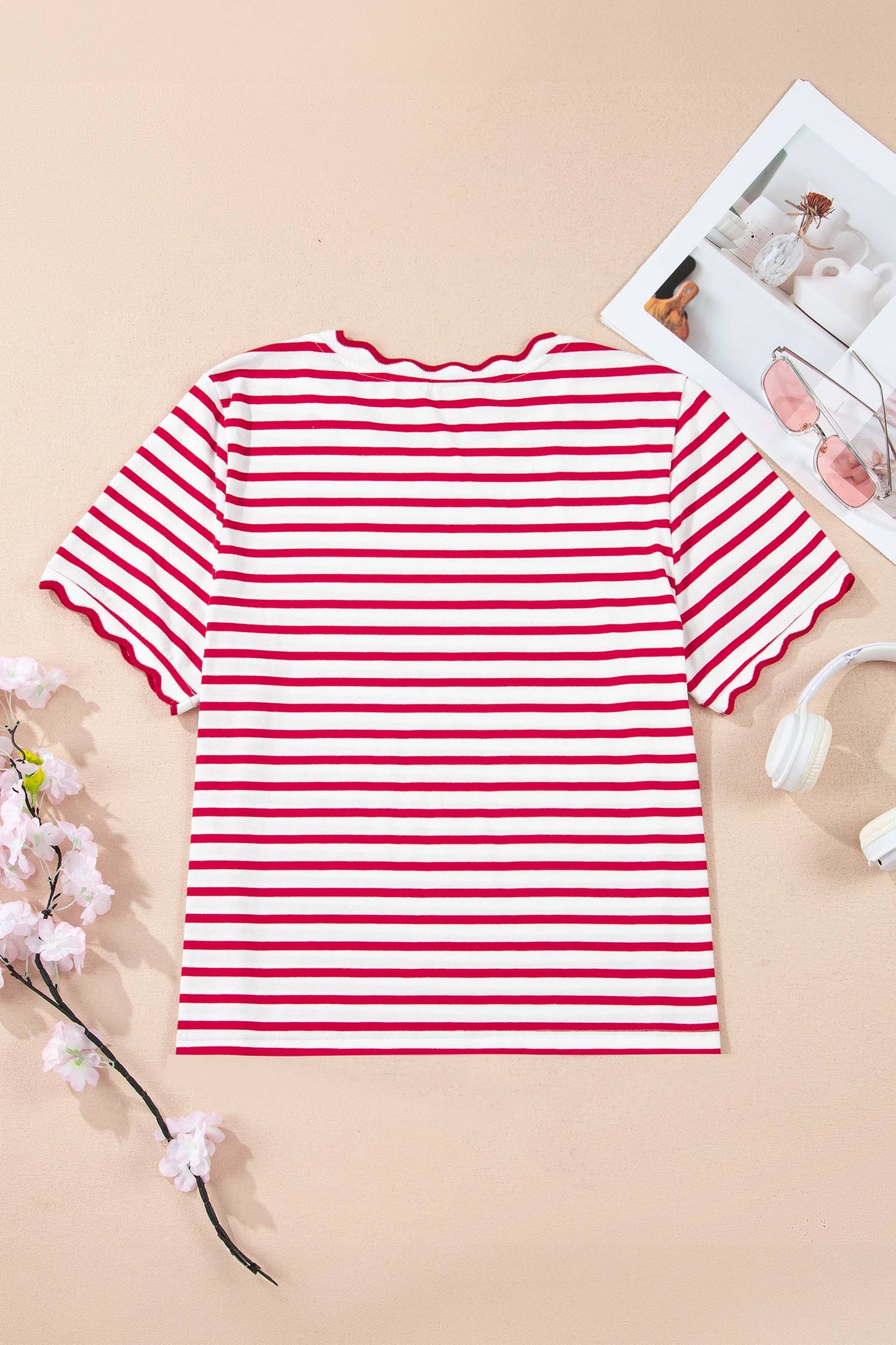 LAS Stripe Scalloped Trim Round Neck T Shirt : Red / Missy