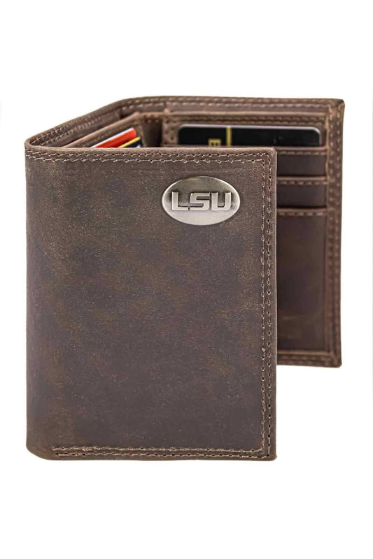 LSU Tigers Men's Collegiate Trifold Leather Wallet.: Crazyhorse Brown